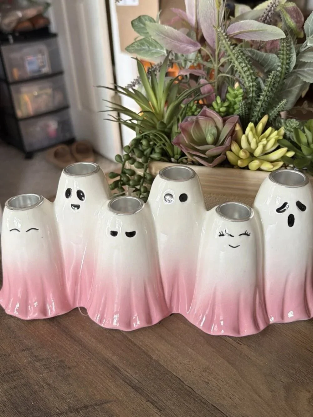 Halloween pink ombre ceramic ghost candelabra - holds 6 tapered candles